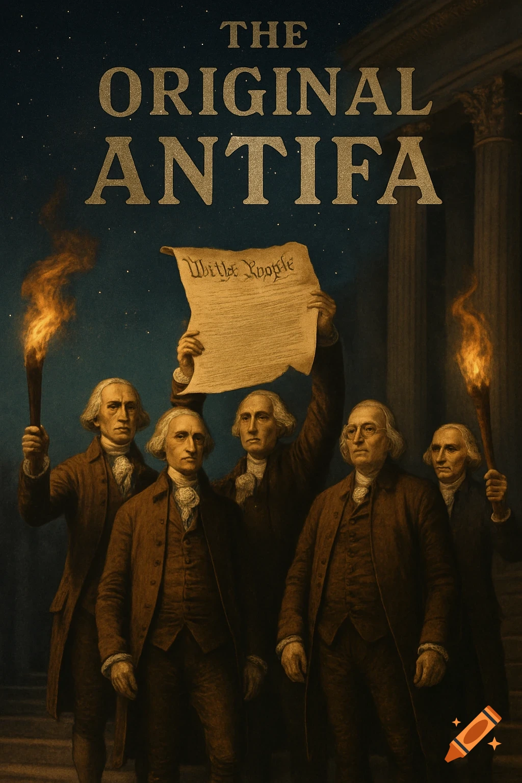 A dramatic illustration depicting several historical figures resembling the Founding Fathers, holding torches and a document labeled "We the People," with the text "THE ORIGINAL ANTIFA" above them against a dark, starry sky.