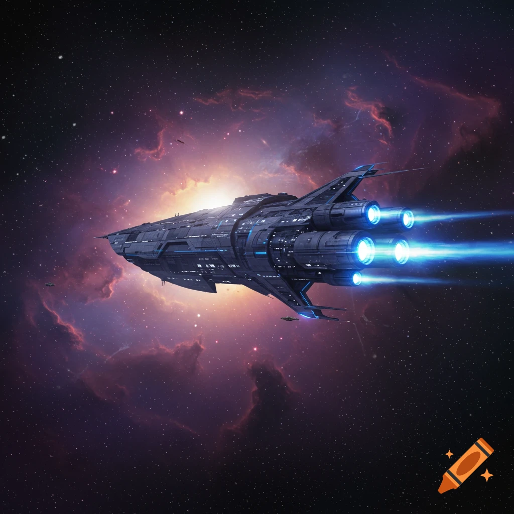A large dark grey and blue starship with glowing blue engines flies through a vibrant purple and orange nebula filled with stars.