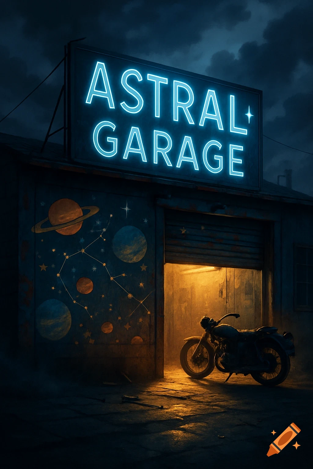 A garage with a glowing 'ASTRAL GARAGE' neon sign at night, a motorcycle is parked inside, and the wall has cosmic murals.