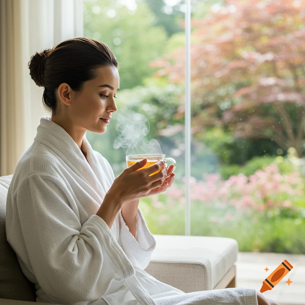 Photorealistic image of a woman in a white robe sipping steaming herbal tea in a spa lounge, looking at a serene garden through a large window.