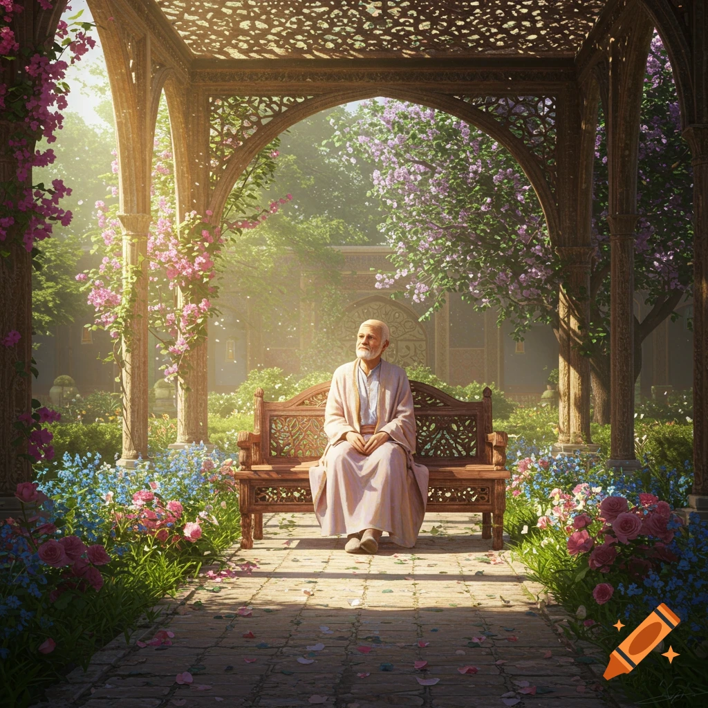 An elderly man with a white beard sits peacefully on an ornate wooden bench in a sunlit, lush garden with pink and purple flowers and intricate archways.