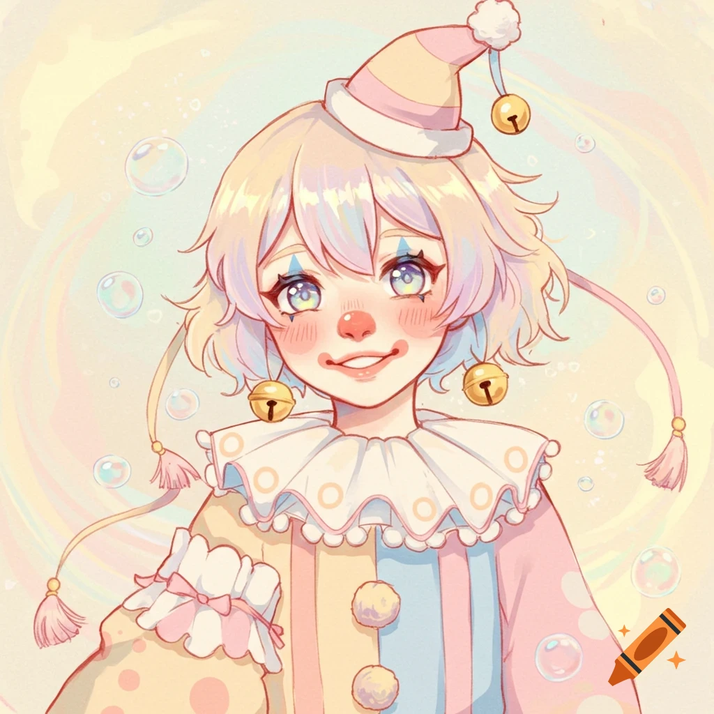 A pastel anime-style clown character with colorful hair, a party hat with bells, a ruffled collar, and a big smile, surrounded by bubbles.
