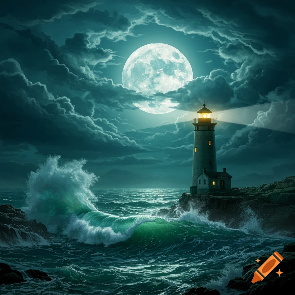 A dramatic night seascape with a lighthouse on a rocky shore, illuminated by a large full moon and crashing waves.