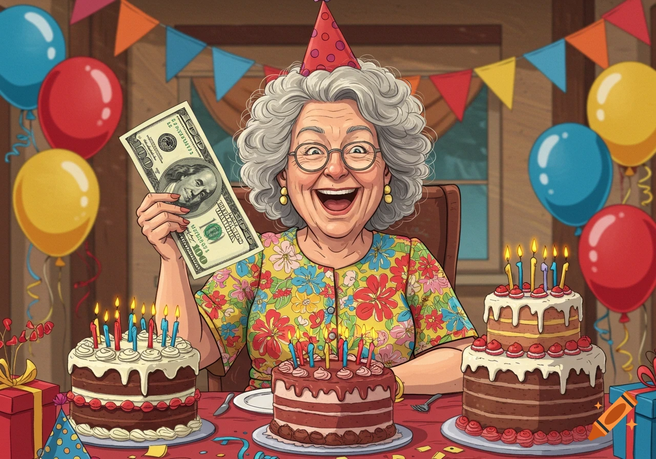 Humorous cartoon of a happy grandma wearing a party hat, holding a $100 bill, sitting at a birthday table with multiple cakes and balloons.