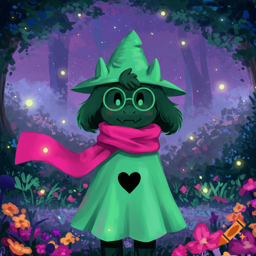 A stylized depiction of Ralsei from Deltarune, a green goat-like character in a green pointed hat, pink scarf, and green robe with a black heart, standing in a magical forest filled with colorful flowers and glowing fireflies.