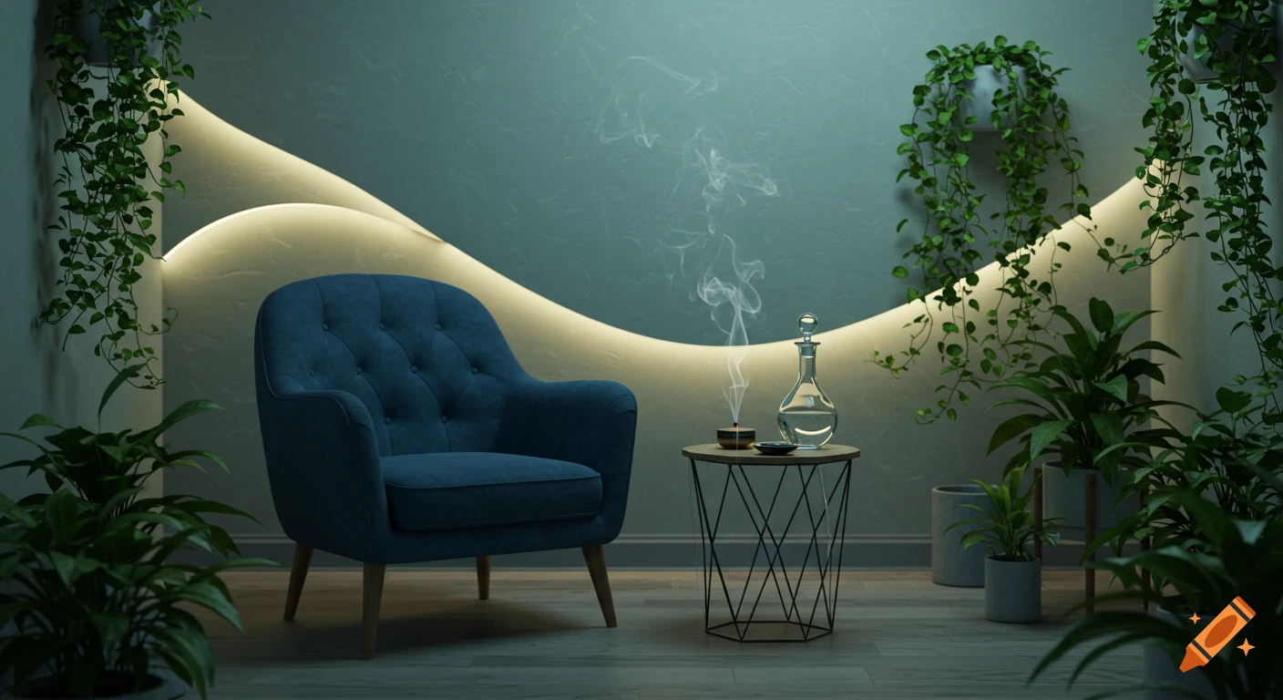A blue armchair in a dimly lit room with soft glowing wall panels, lush potted plants, and an incense burner on a side table.