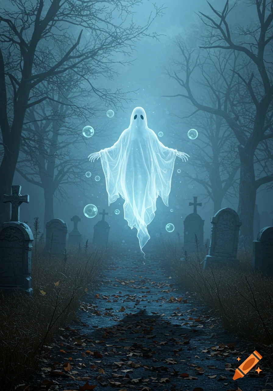 A glowing white ghost hovers over a leaf-strewn path in a foggy, eerie graveyard with dark, bare trees under a pale blue sky.