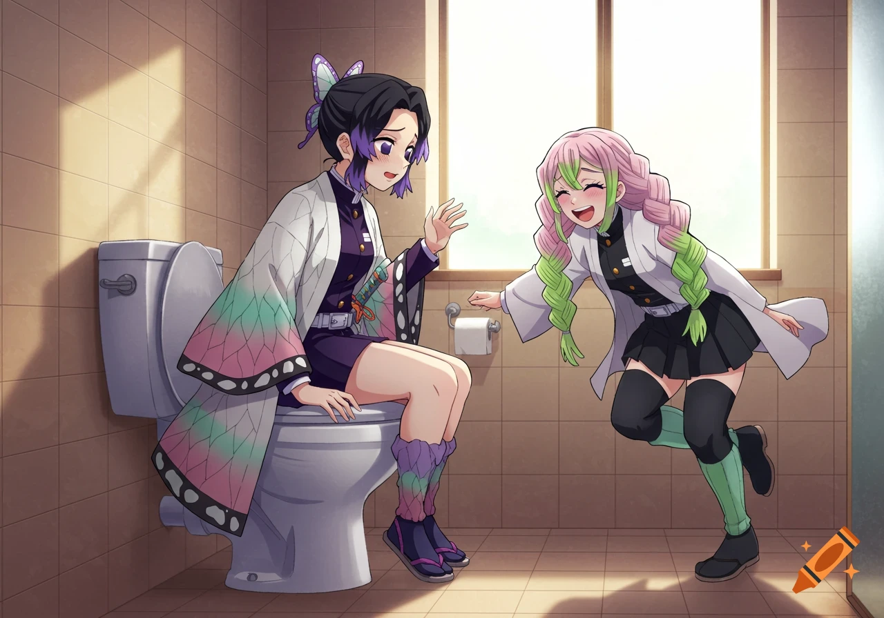Anime characters Shinobu and Mitsuri from Demon Slayer in a bathroom. Shinobu sits nervously on a toilet while Mitsuri laughs and reaches for the flush.