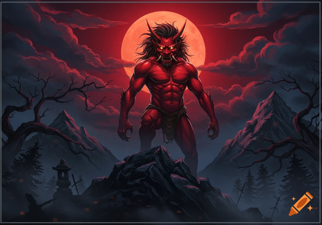 Muscular red oni demon with horns and glowing eyes stands on a rocky hill under a large red moon. Dark fantasy illustration.
