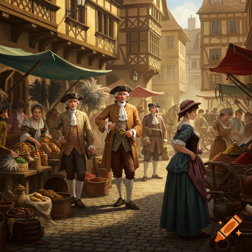 A bustling 18th-century European marketplace with people in period attire, vendors, and timber-framed buildings.