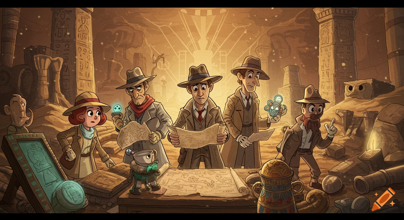 A team of cartoonish explorers in 1940s attire examine ancient maps and artifacts in a mysterious, warm-lit ruin, in a Cuphead-like style.