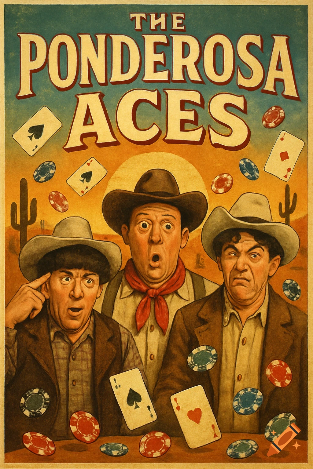 A vintage-style poster depicting three men in cowboy hats with exaggerated expressions, surrounded by playing cards and poker chips, with text "THE PONDEROSA ACES".