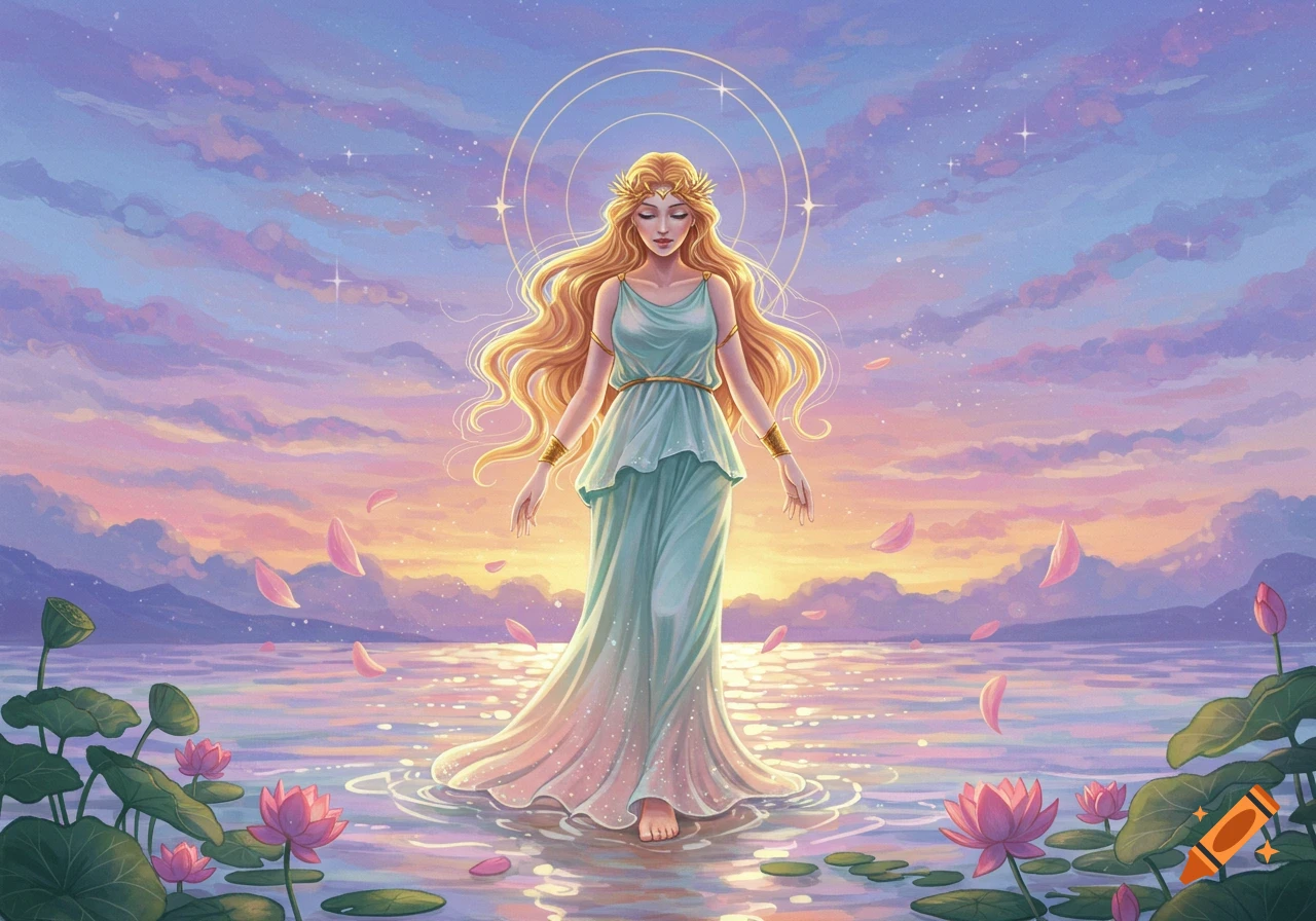 A beautiful goddess with long blonde hair in a flowing gown stands in serene water with lotus flowers under a pastel sunset sky.