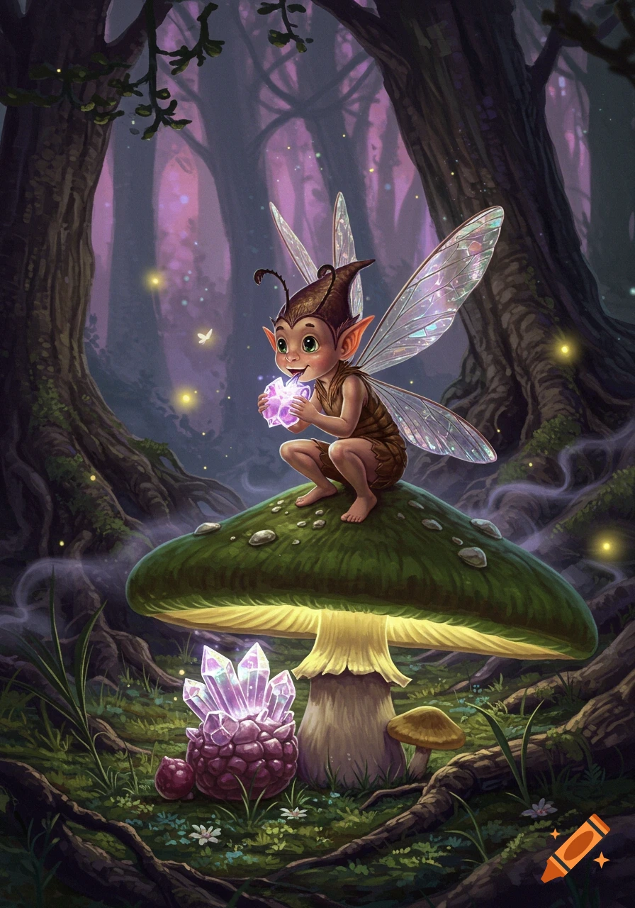 A winged, bug-like pixie crouches on a large green mushroom in a mystical forest, holding a glowing purple crystal.