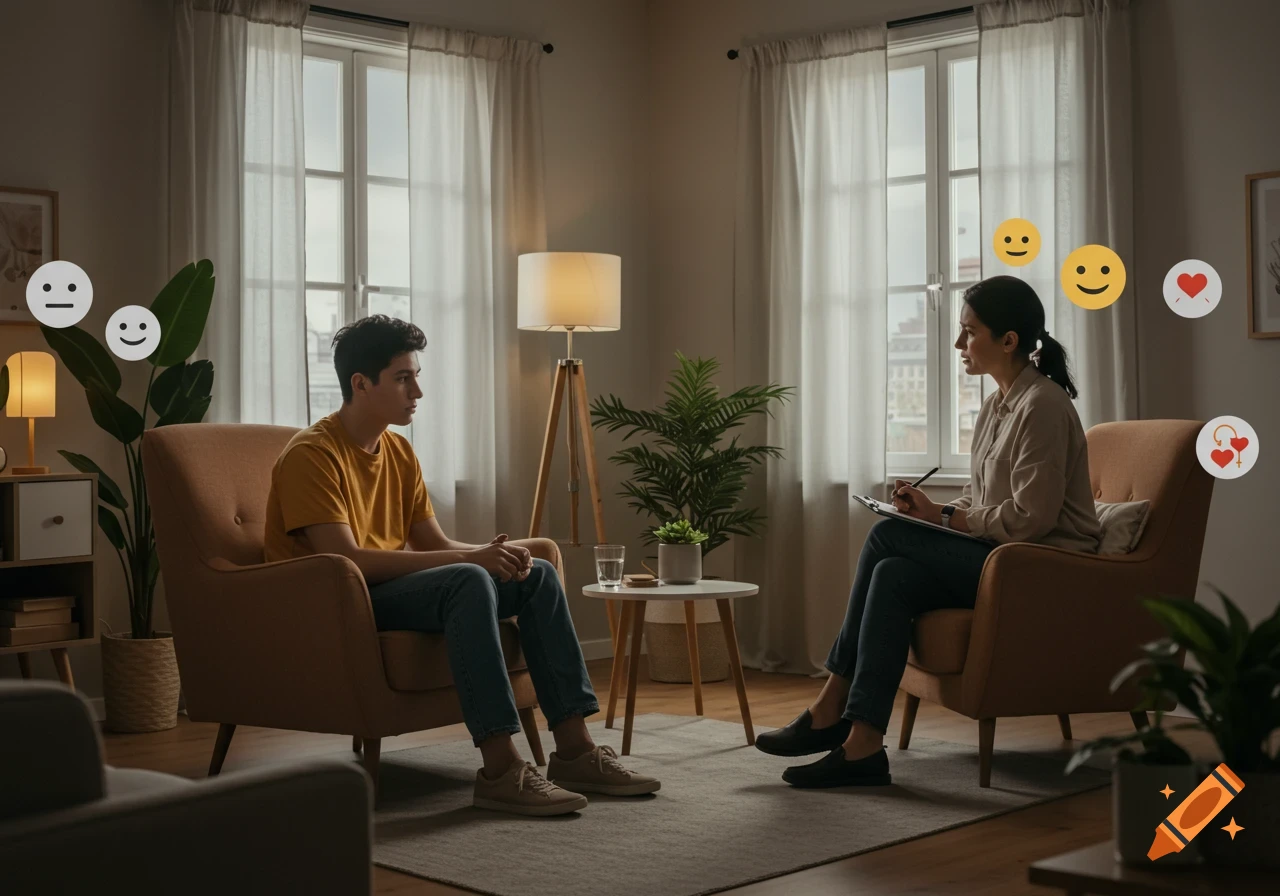 A young adult client and a female psychologist in a cozy, modern therapy room. Emojis and heart icons float above their heads.