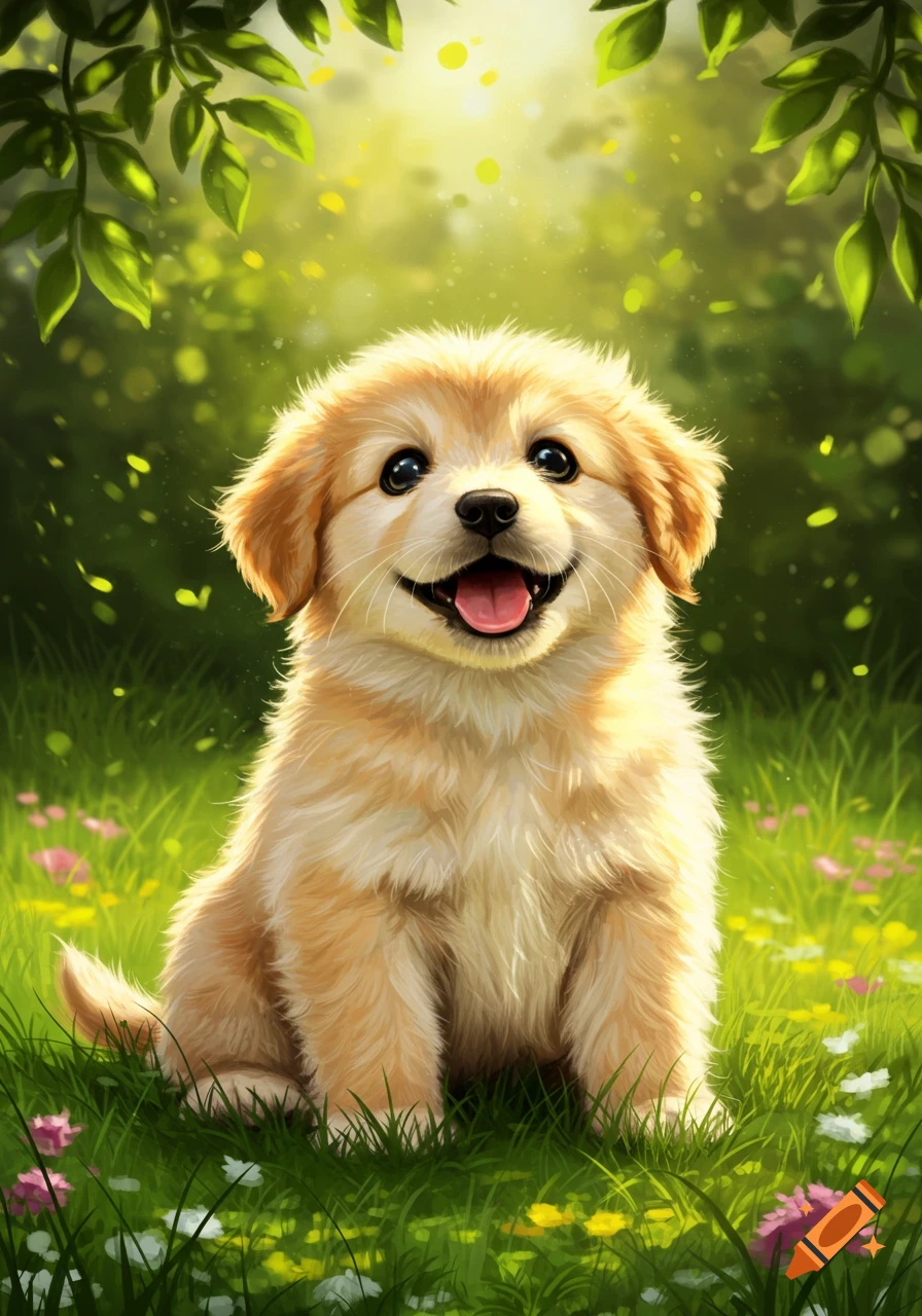 A happy golden retriever puppy with bright eyes and an open mouth sits in a sunny green meadow with small flowers and dappled light from overhead leaves.