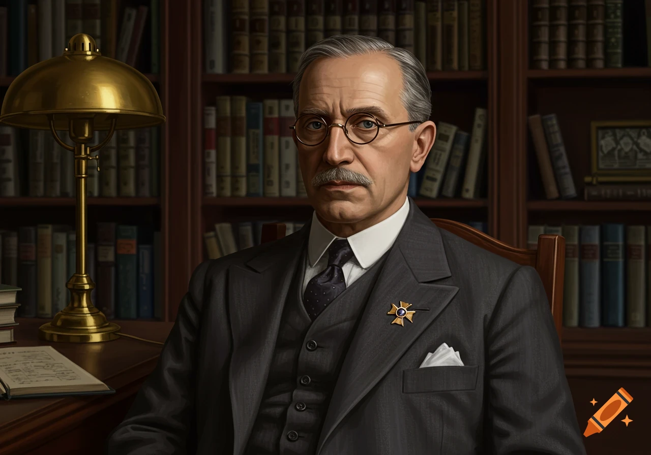 A distinguished older man with a mustache and round glasses wears a dark suit, seated at a desk in a library. Photorealistic portrait.