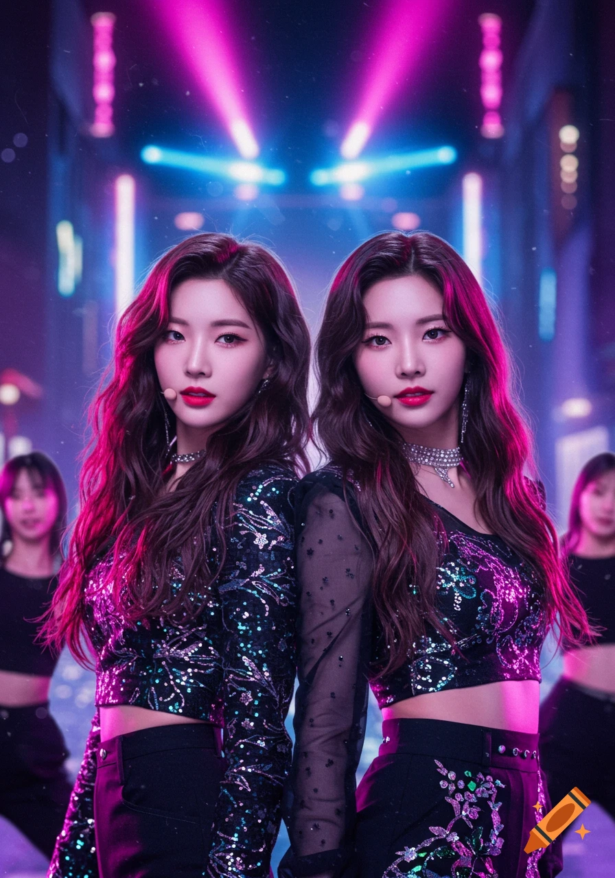 Two photorealistic K-pop idols with dark hair and red lipstick, wearing sparkly crop tops and pants, pose on a stage with neon pink and blue lights.