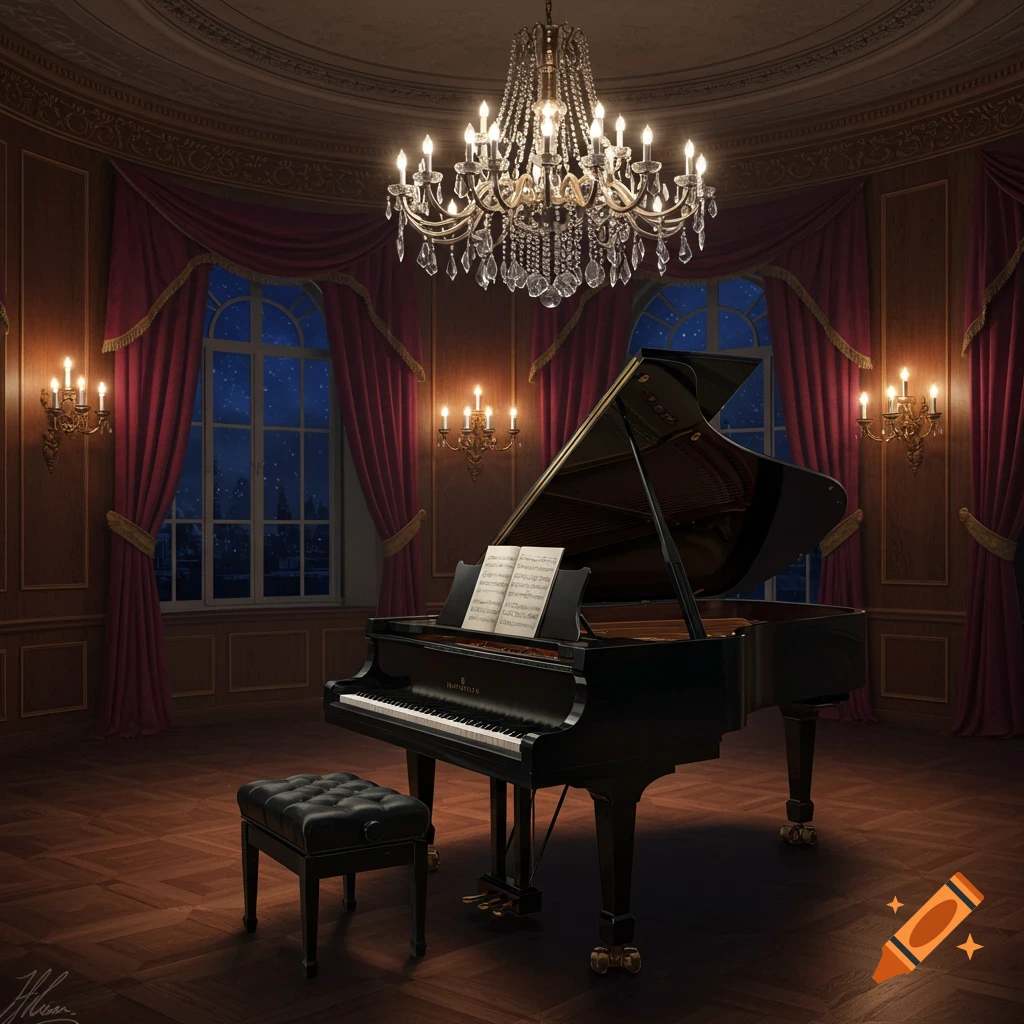 A grand piano and stool in a luxurious room with high ceilings, large windows looking out to a starry night, and ornate chandeliers.