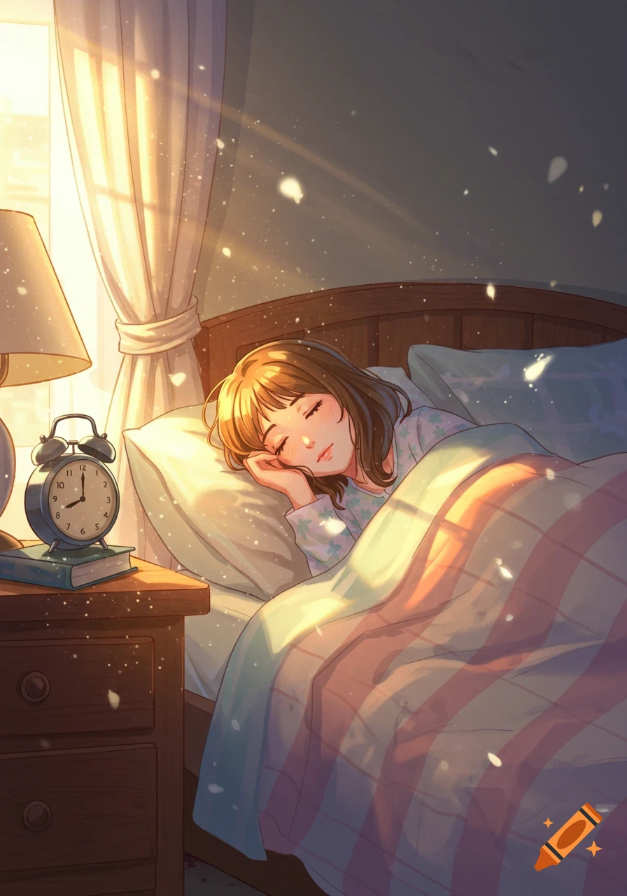 An anime girl sleeps peacefully in a sunlit bedroom next to an alarm clock on a nightstand.