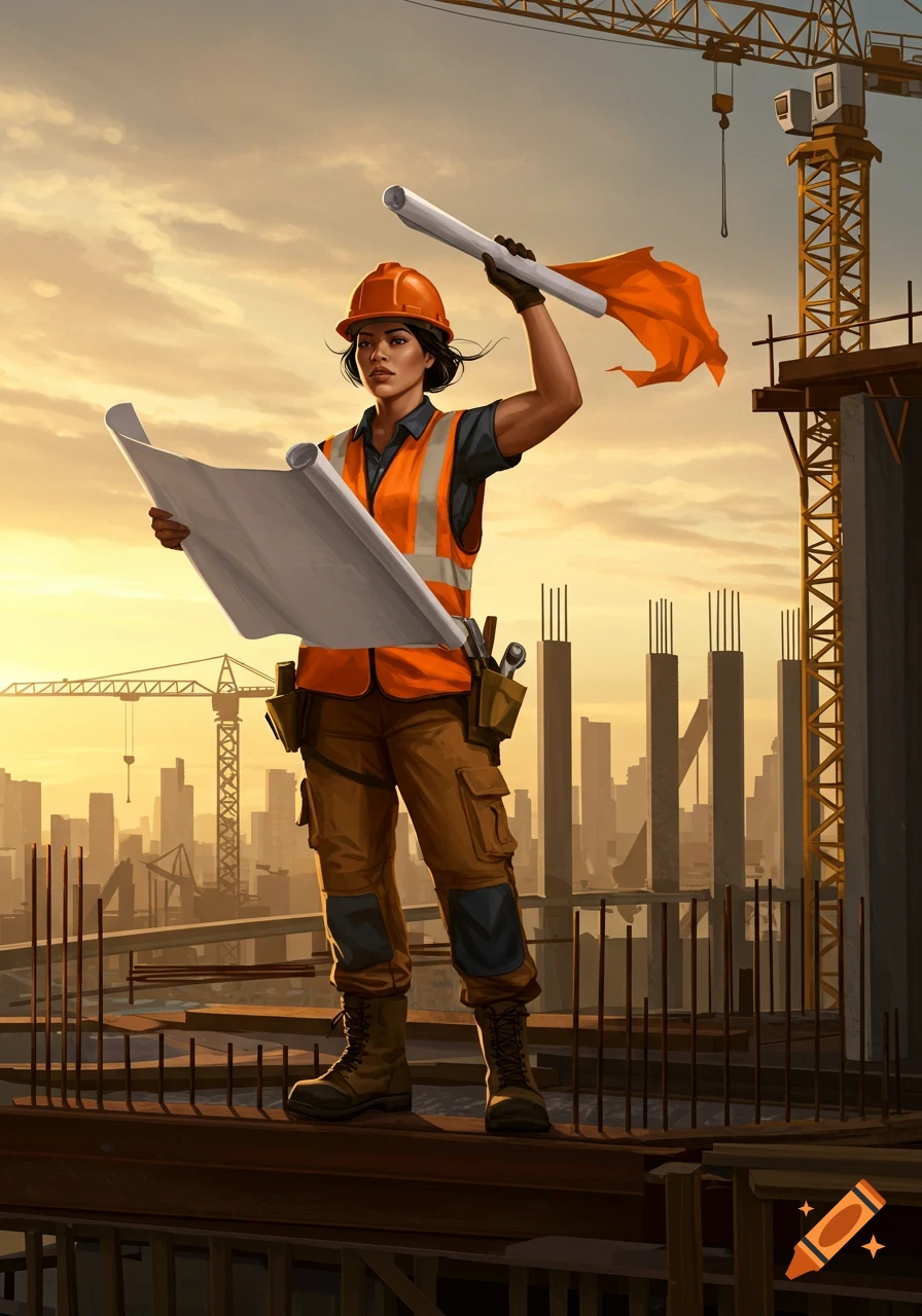 Illustrated female construction worker on a site at sunset, holding a blueprint and an orange flag.