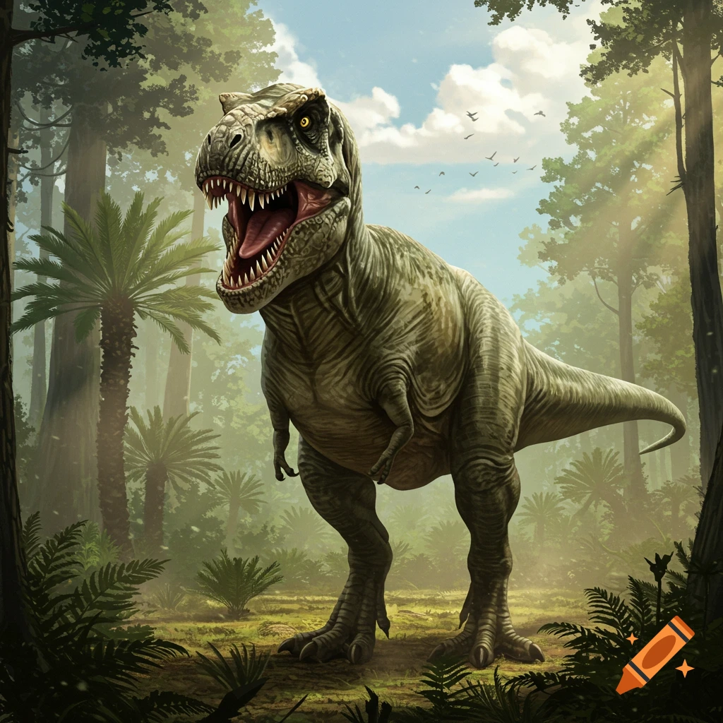 A powerful Tyrannosaurus Rex with its mouth open, standing in a lush, ancient jungle under a blue sky.