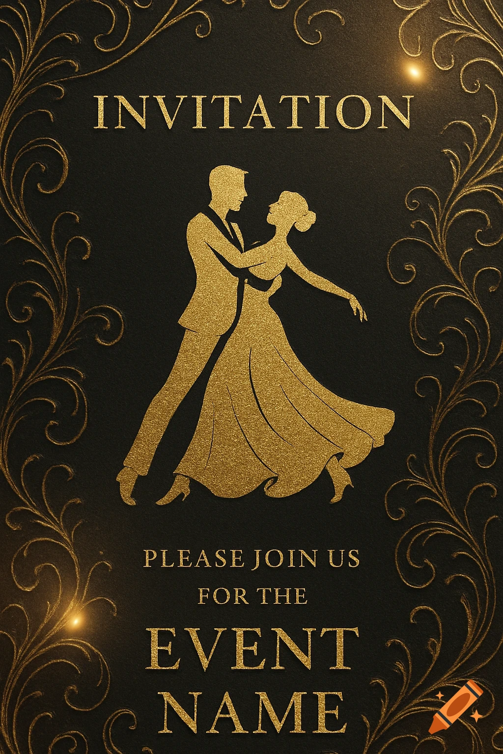 Elegant black and gold invitation card with a silhouetted couple dancing ballroom, surrounded by ornate golden filigree.