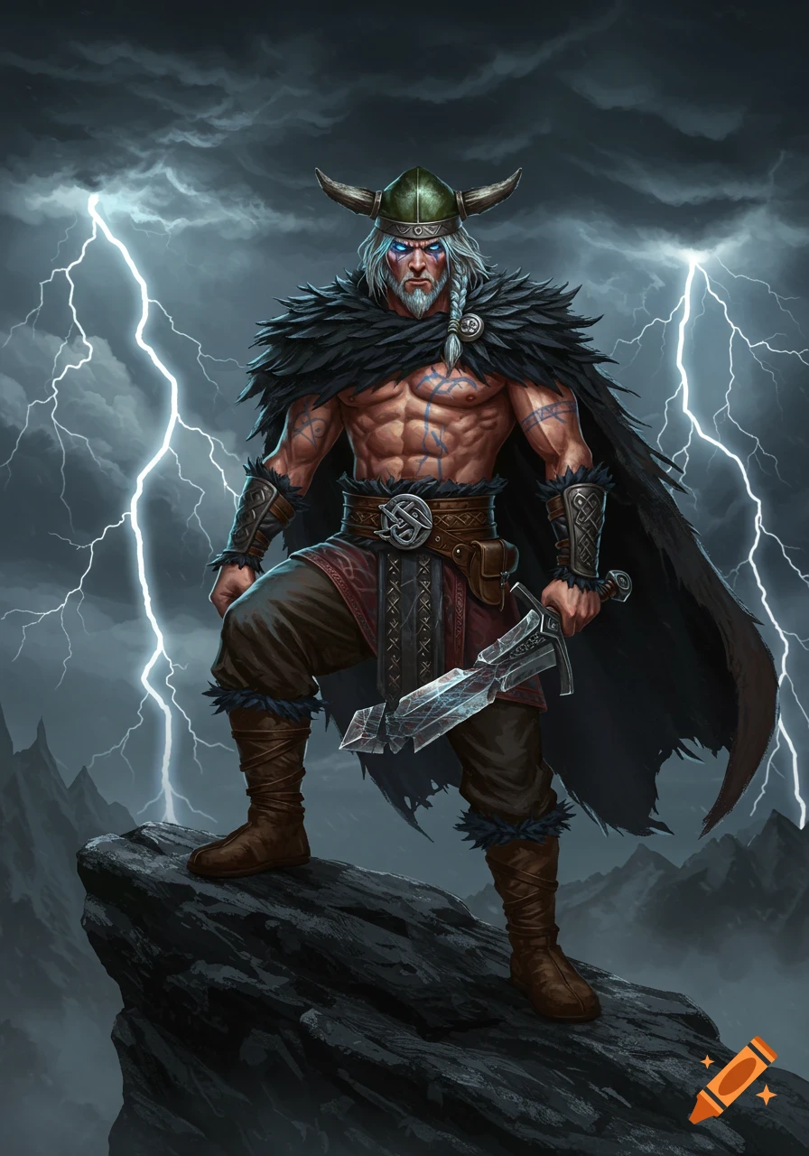 A powerful muscular Viking warrior with a horned helmet, white beard, feathered cape, and a shattered sword stands on a rock under a lightning-filled sky.