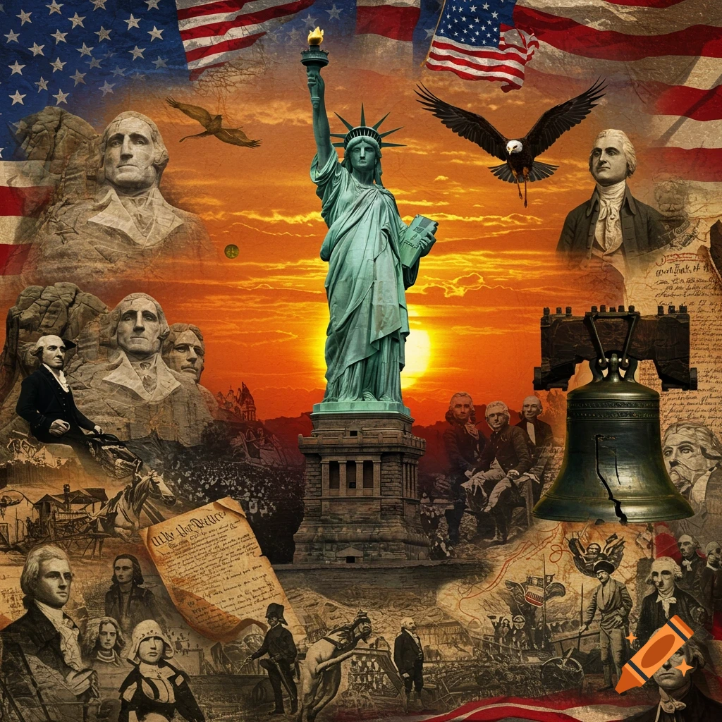 A collage of American historical symbols including the Statue of Liberty, Mount Rushmore, Liberty Bell, American flags, eagles, and historical figures, set against a sunset.