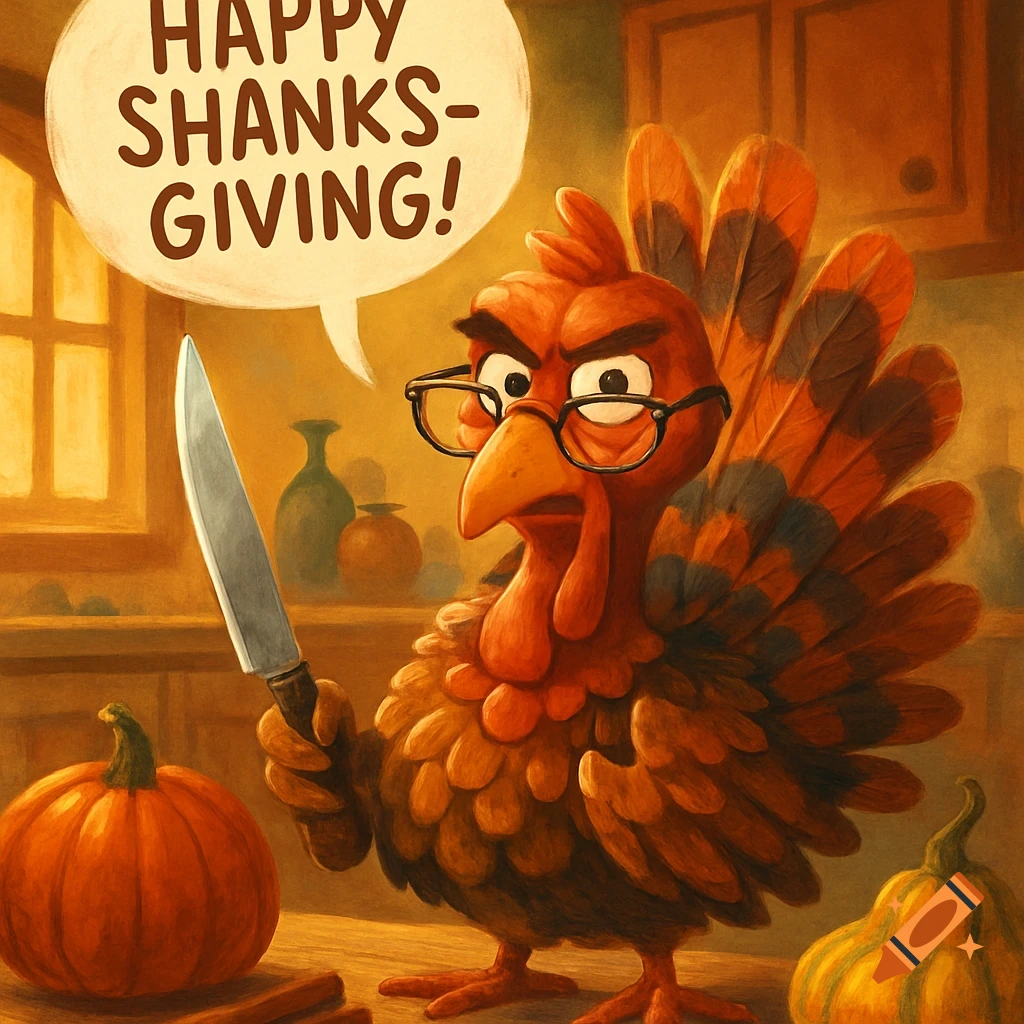 A cartoon angry turkey wearing glasses holds a knife next to pumpkins, saying "HAPPY SHANKS-GIVING!" in a painterly style.
