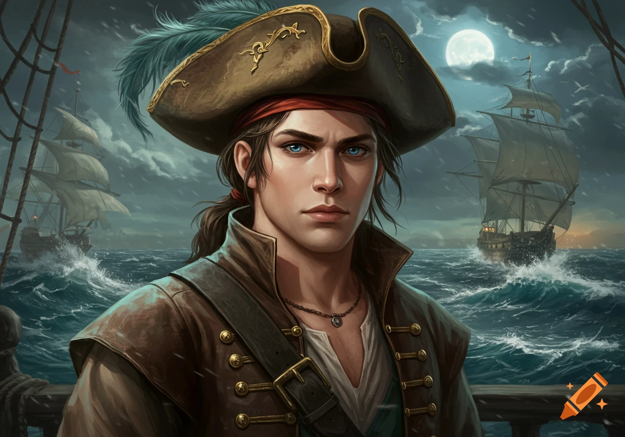 A young man with blue eyes and long hair, dressed as a pirate with a feathered tricorn hat, stands on a ship at sea under a full moon.