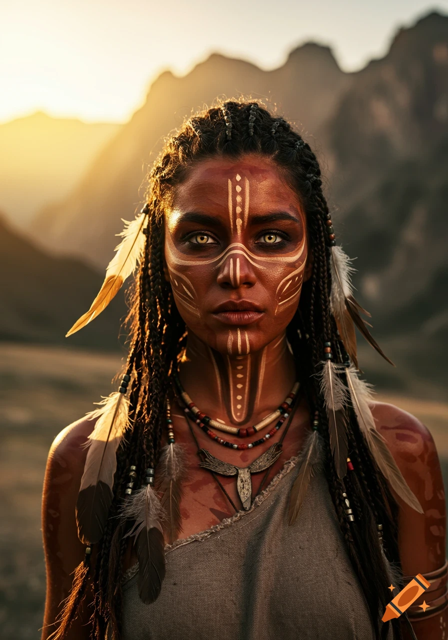 Close-up portrait of a woman with warrior-style face paint, braided hair with feathers, and tribal jewelry, against a sunset mountain landscape.