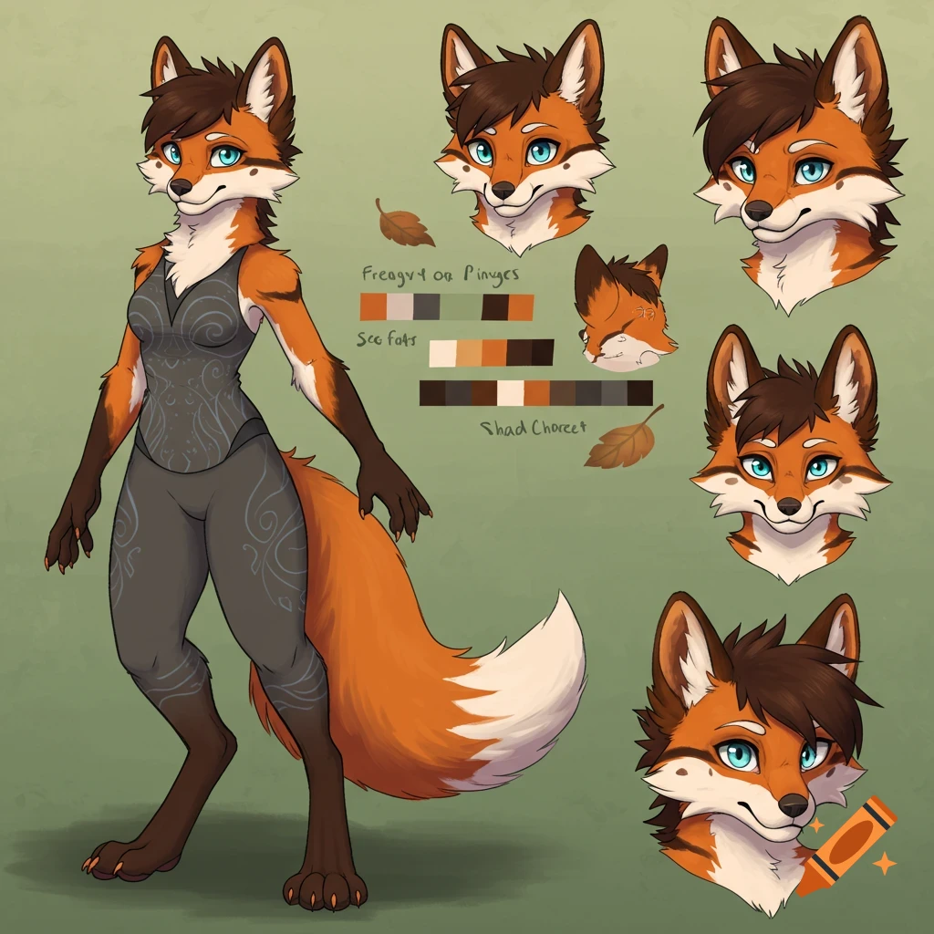 A full-body anthropomorphic fox character in a dark outfit, standing next to multiple headshots and color palettes on a reference sheet.
