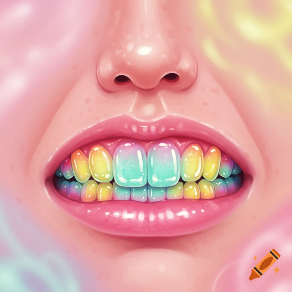 Close-up of a mouth with bright, rainbow-colored jello teeth, set against a pink-toned face and nose.
