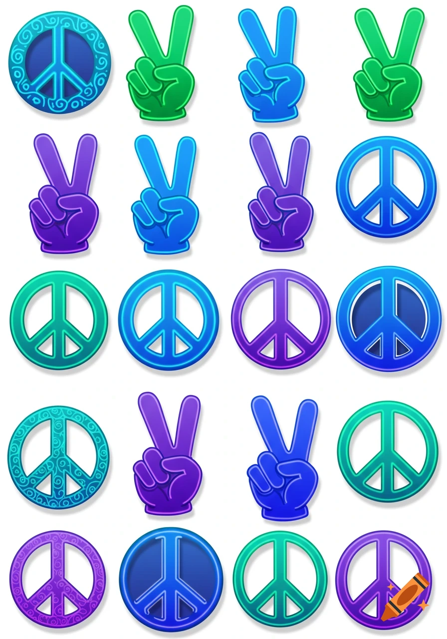 A grid of colorful, stylized peace signs and peace gestures in blue, green, and purple, arranged like a sticker sheet.