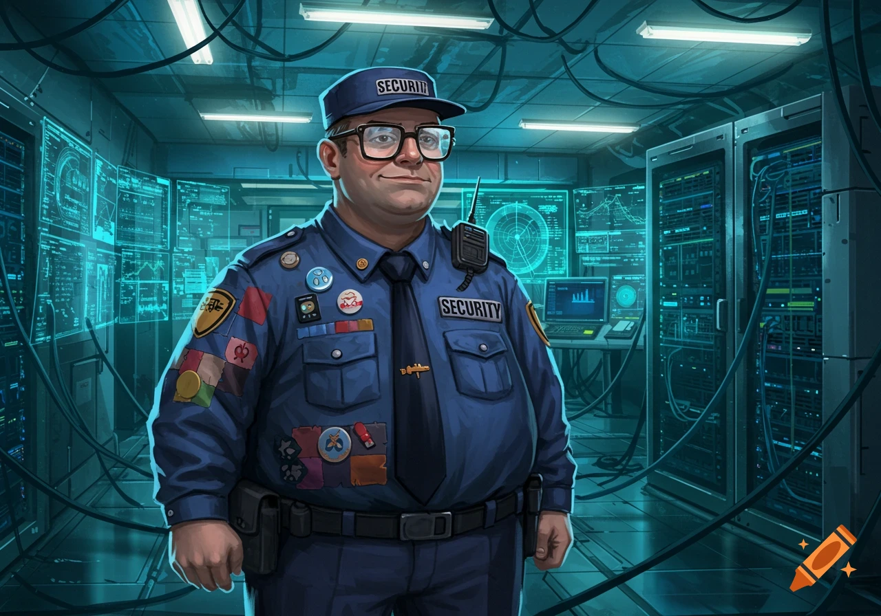 A nerdy security guard in glasses and uniform stands in a server room filled with glowing screens and wires, in a cartoonish illustration style.