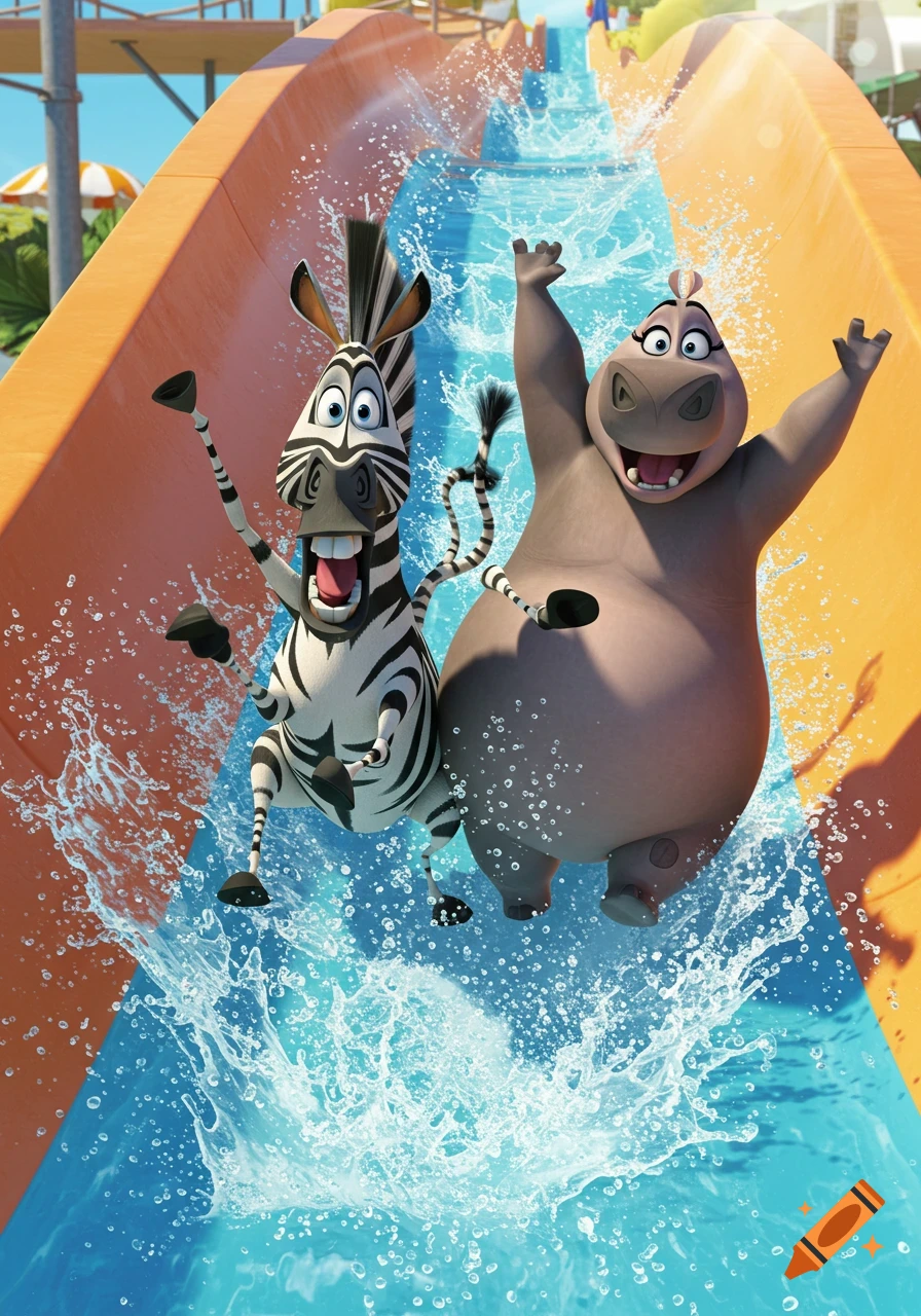 Cartoon Marty the zebra and Gloria the hippo excitedly slide down a bright orange water slide, splashing water in a sunny water park.