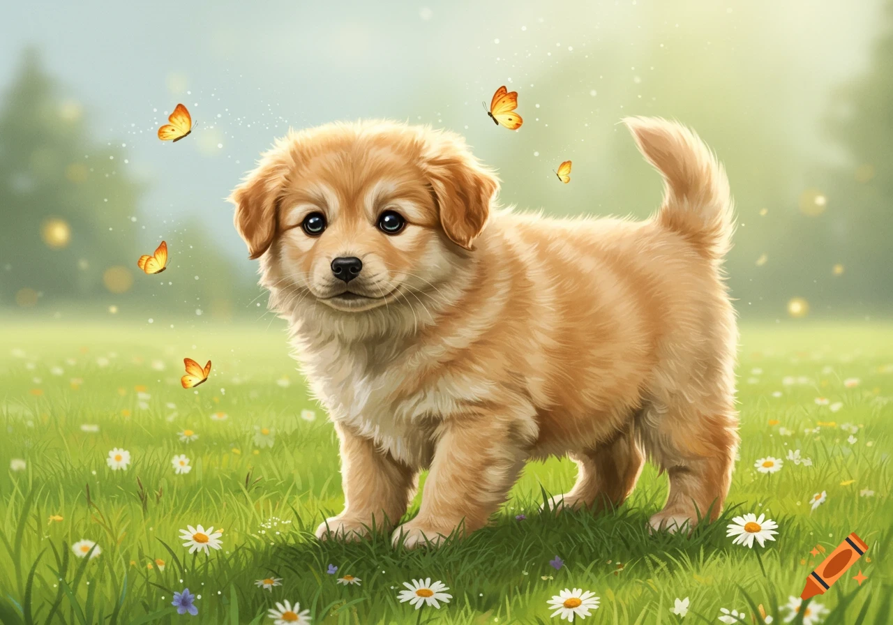 A fluffy golden puppy with big eyes stands in a vibrant green field adorned with daisies and orange butterflies. Illustration style.