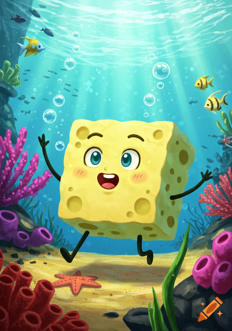 Happy yellow cube character with big blue eyes floats in a vibrant underwater coral reef with fish and bubbles, cartoon style.