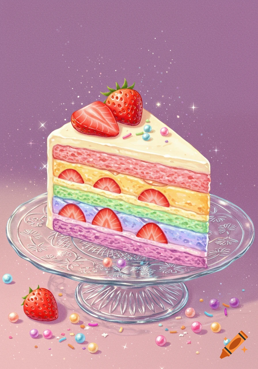 A vibrant illustration of a slice of rainbow-layered cake with strawberry slices and sprinkles on a glass stand against a sparkling purple background.