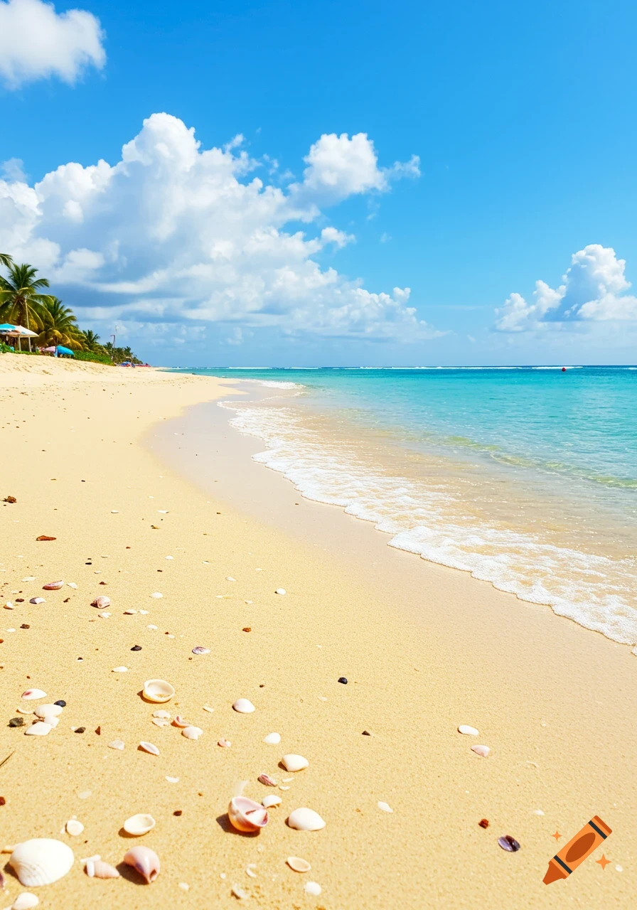 A bright tropical beach with golden sand, scattered seashells, turquoise ocean waves, and palm trees under a blue sky.