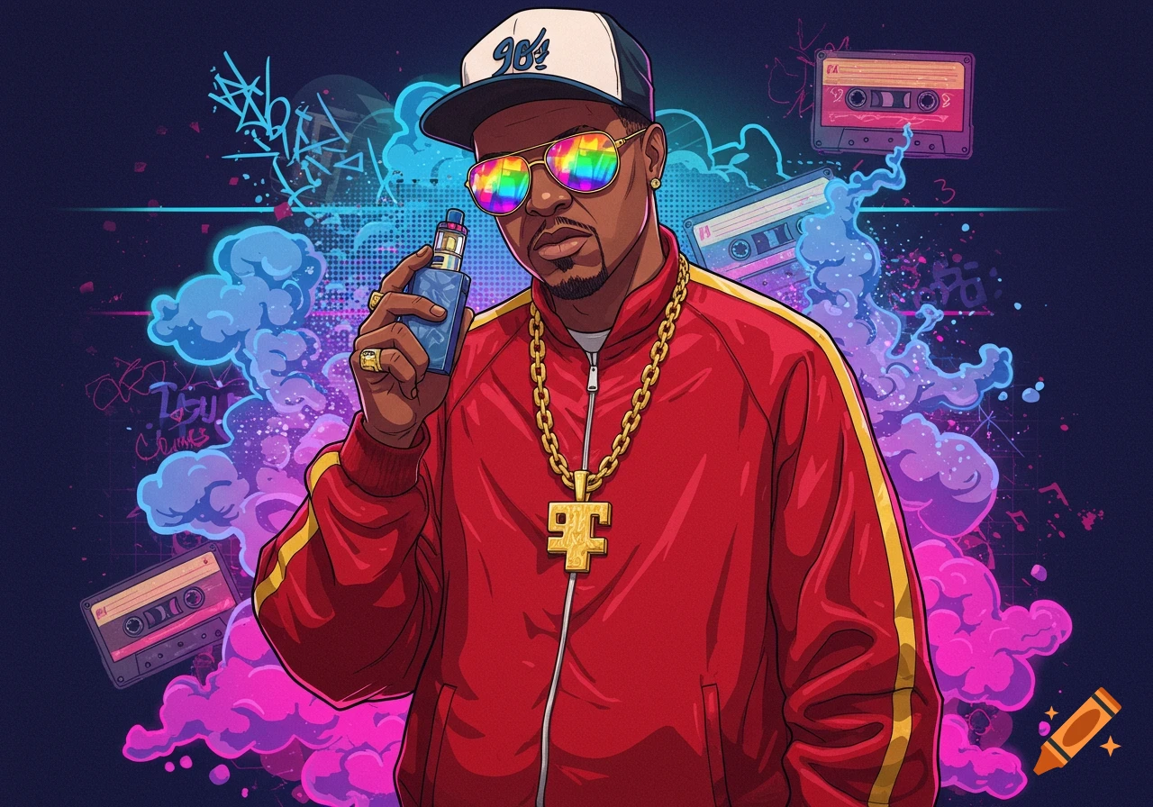 A cool cartoon rapper with a baseball cap, rainbow sunglasses, and a gold chain, holding a vape, against a neon 90s background with cassette tapes and graffiti.
