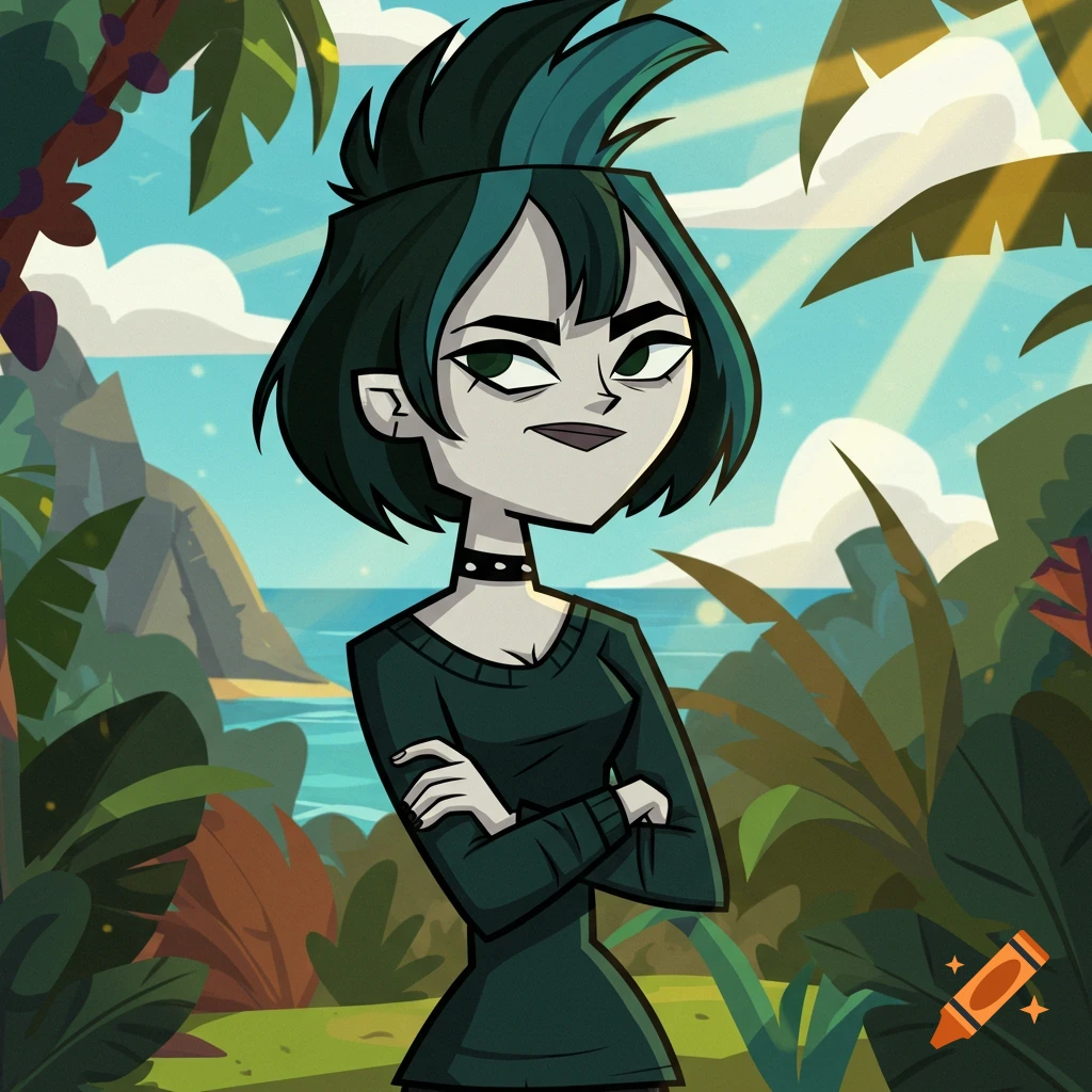 Cartoon character Gwen from Total Drama Island, with dark hair, black choker, and dark green outfit, standing in a tropical island setting.