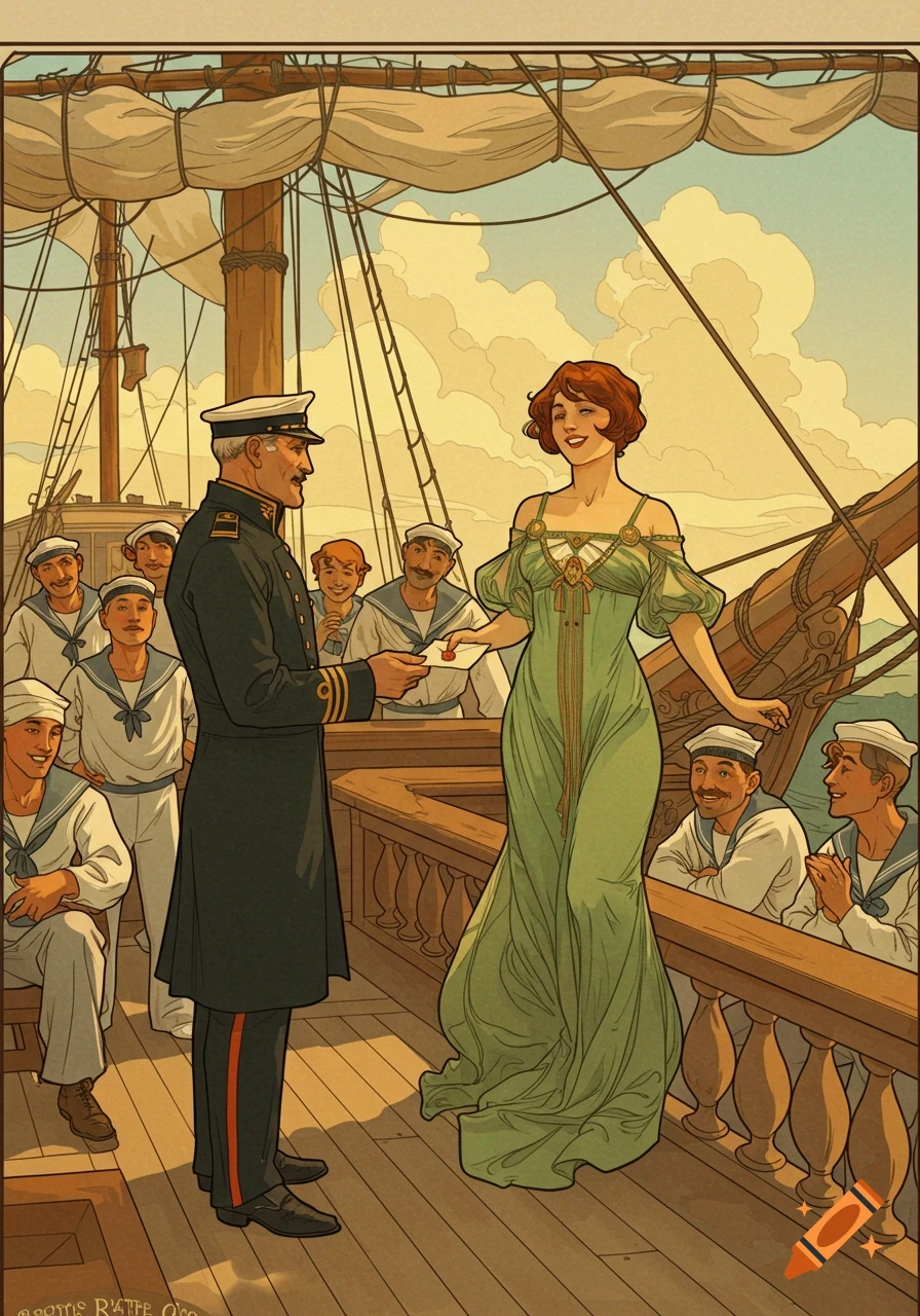 Art Nouveau illustration of a woman in a green dress receiving an envelope from a captain on a ship, surrounded by smiling sailors.