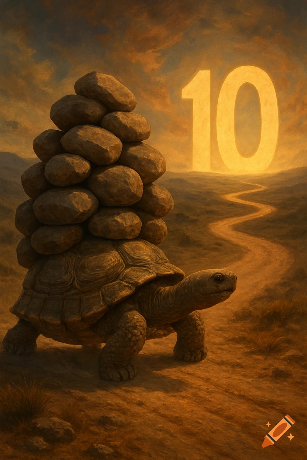 A tortoise carrying a stack of rocks on its shell walks on a winding ...