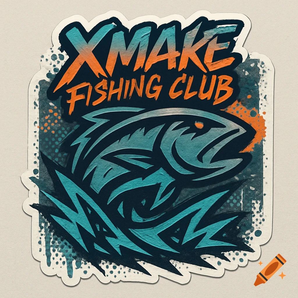 A graphic design sticker for the XMAKE Fishing Club, featuring a stylized blue fish over a grunge background with orange and teal text.