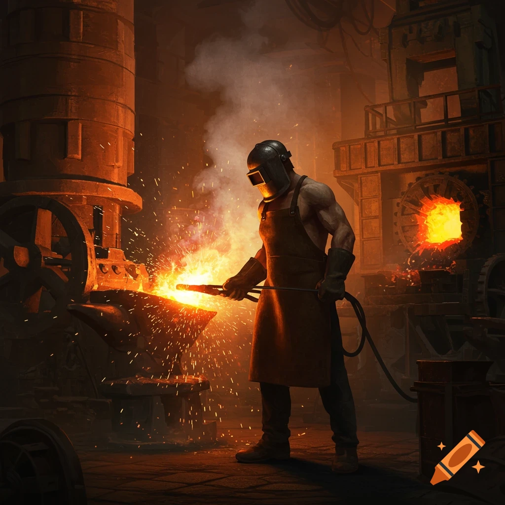 A welder in a dark industrial forge, wearing a helmet and apron, works a glowing metal piece on an anvil, surrounded by sparks.