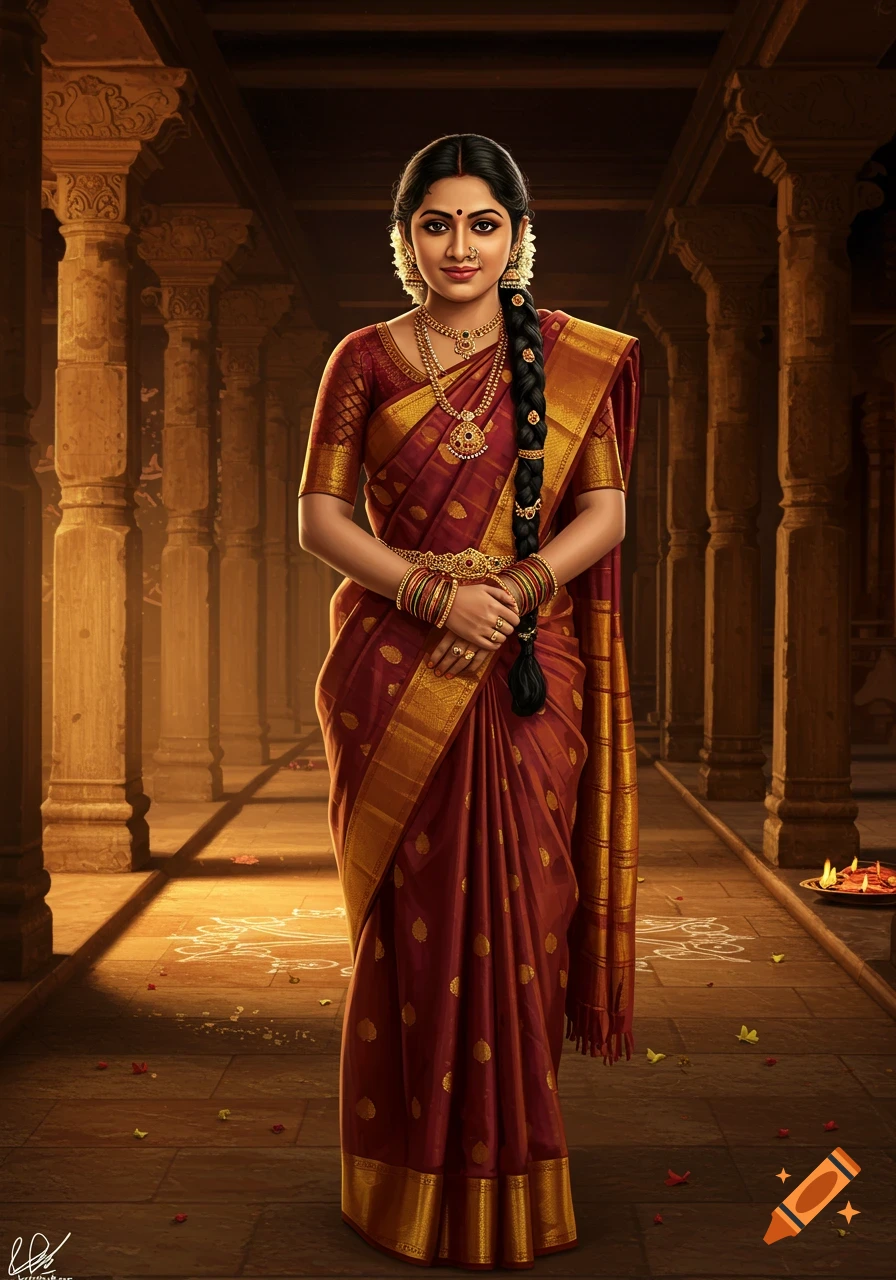 A South Indian woman in a rich red and gold sari, adorned with intricate jewelry and a long braided hairstyle, stands gracefully in a temple corridor.