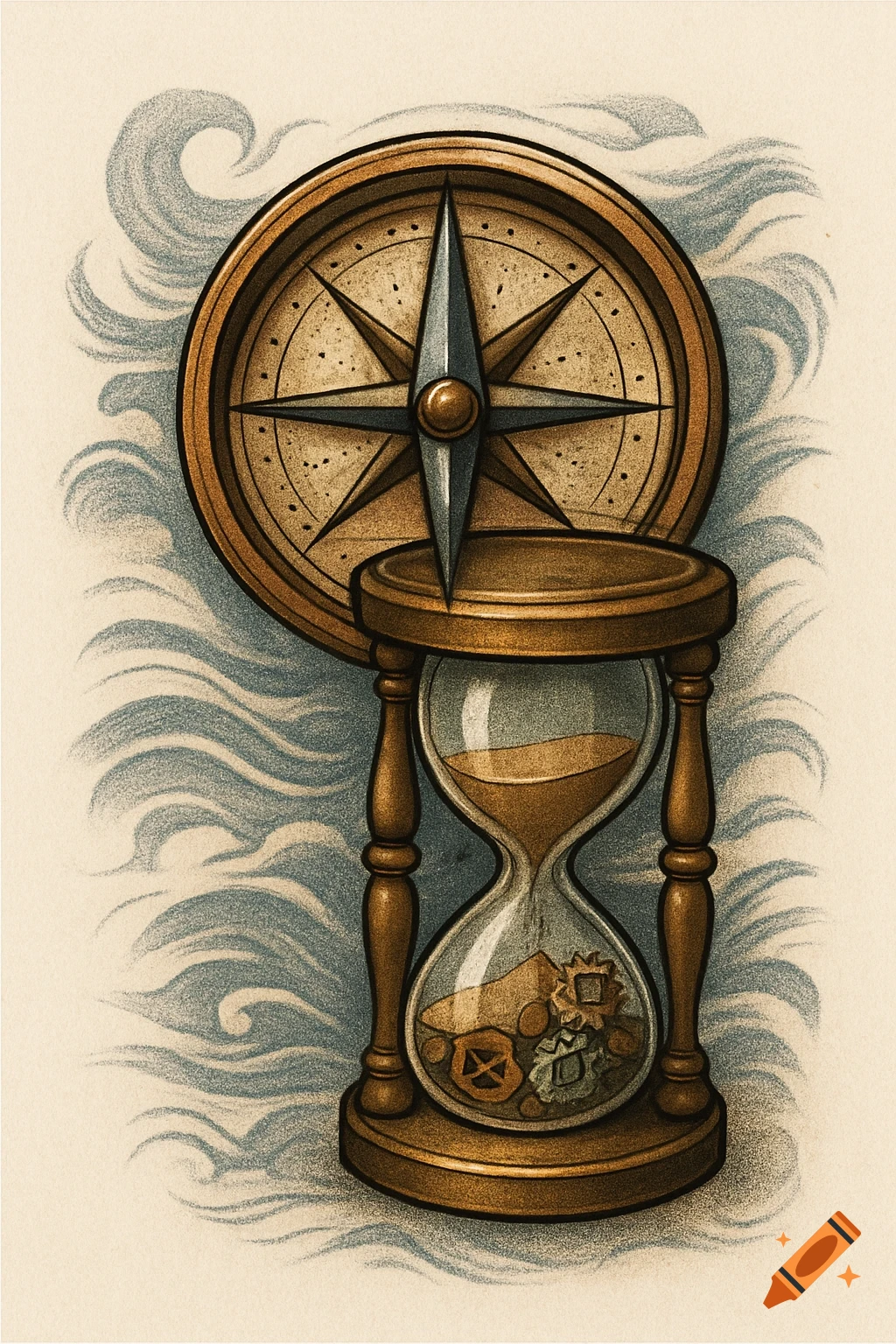 Vintage tattoo design of an intertwined compass rose and hourglass with gears, in muted brass, beige, and steel gray colors.