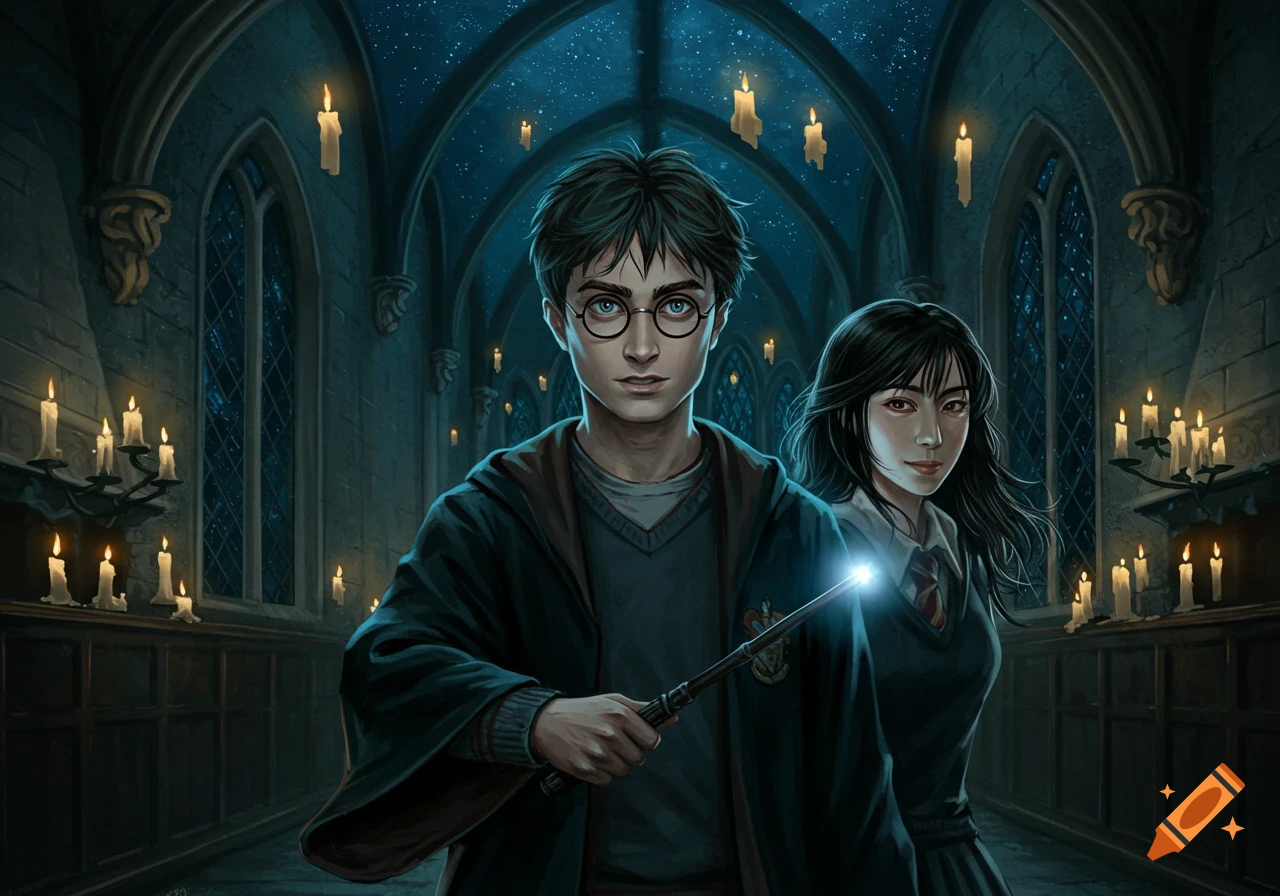 Digital painting of Harry Potter with a glowing wand and a female character in a dark, arched Hogwarts corridor with floating candles.